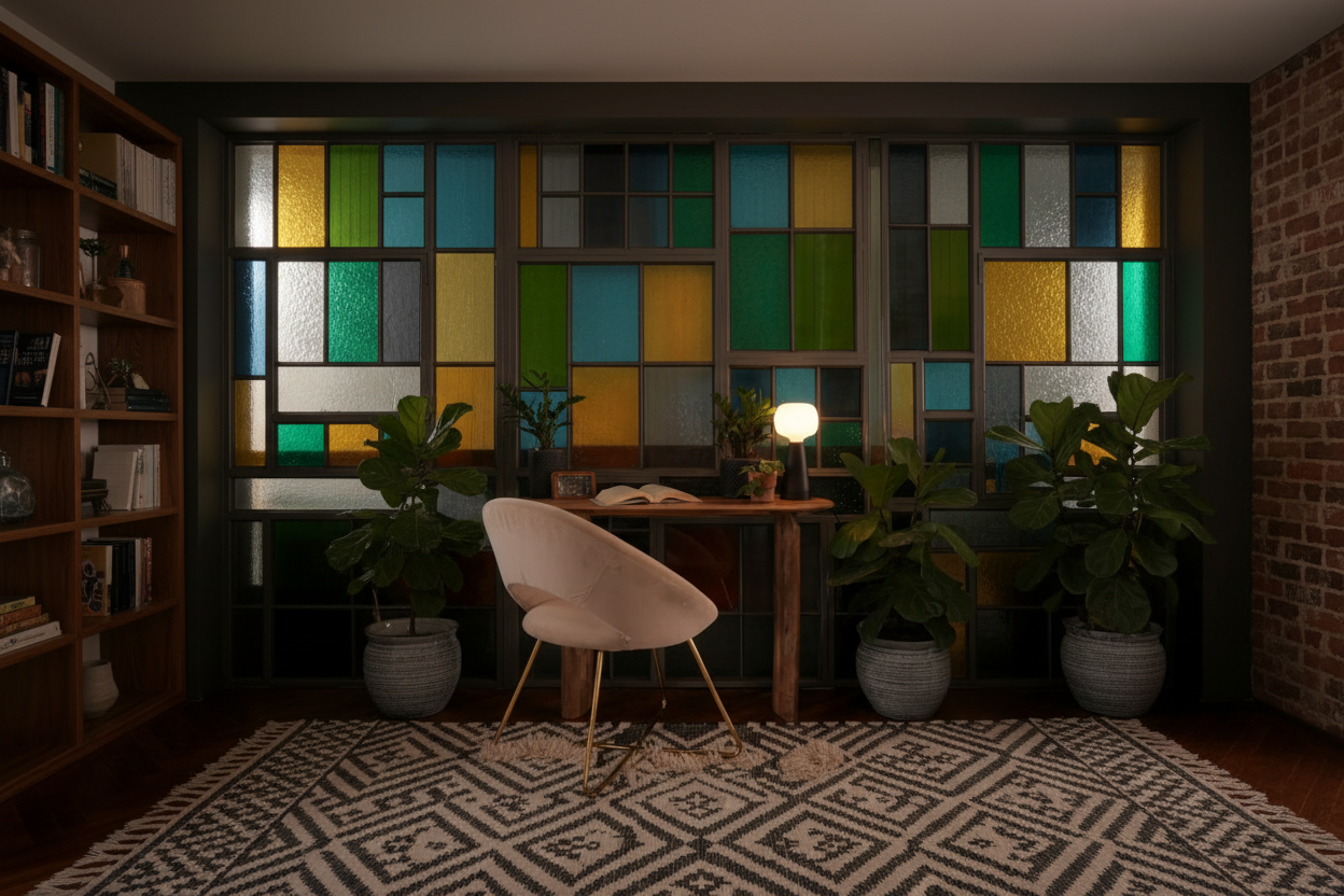 Cozy room with a wooden desk, lamp, and plants against a colorful window.